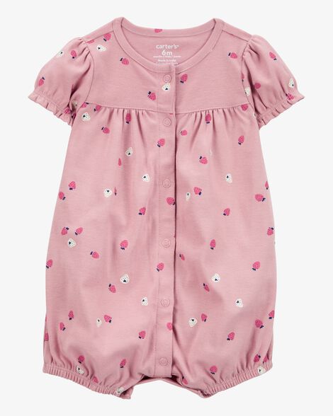  Product image 1 of Baby Strawberry Print Ribbed Short-Sleeve Romper - Pink
