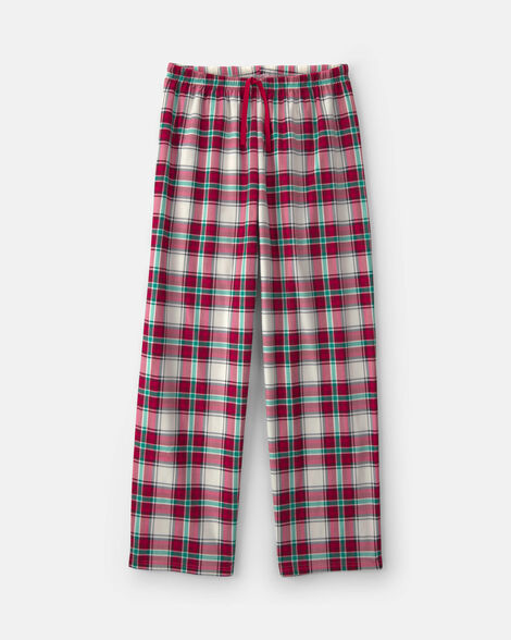 adult christmas plaid fleece loose fit pajama bottoms - red/green