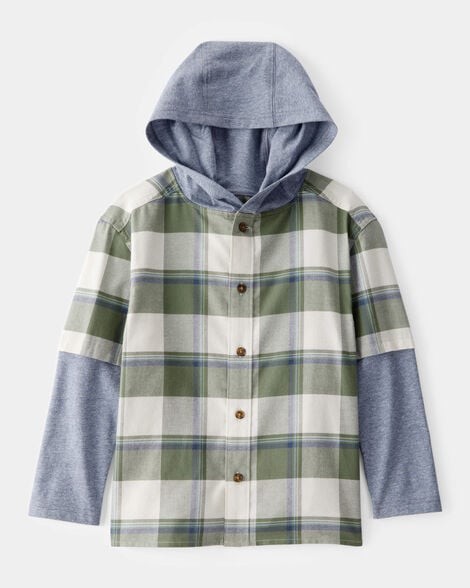 boys plaid layered-look button-down hooded tee - green