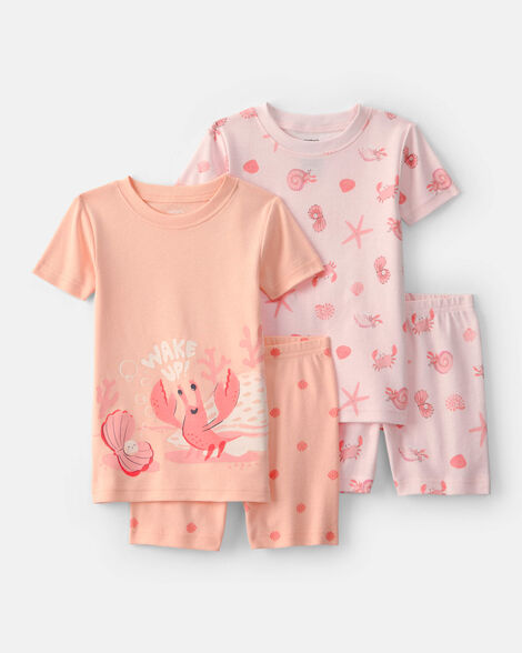 baby girl seashells 100% cotton short-sleeve snug fit 4-piece pajama set - pink/orange
