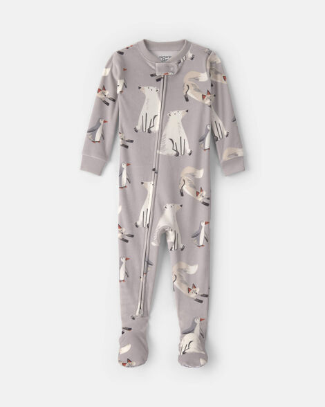 baby boy 1-piece winter animals 2-way zip dreamplush snug fit footed pajama - grey