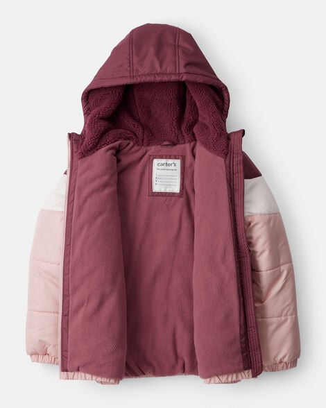 Girls 2-Piece Color Block Hooded Snowsuit Jacket & Bib Set - Pink/Red