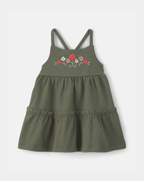 baby girl flower embroidered sleeveless dress - green