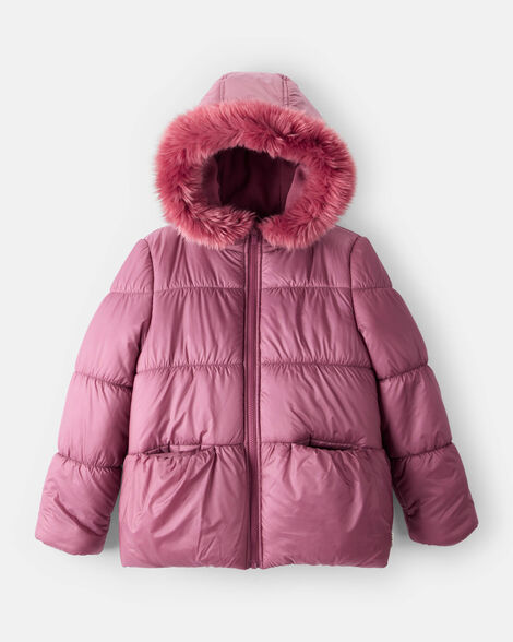 girls hooded puffer jacket - burgundy