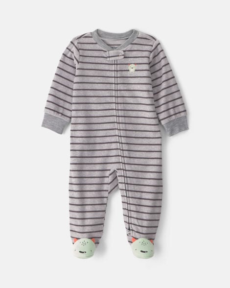 baby boy monster striped fleece 2-way zip sleep & play pajamas - grey