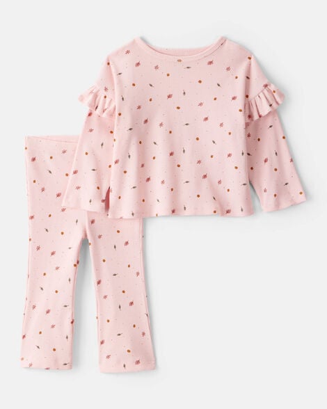baby girl 2-piece leaf print cotton long-sleeve tee & pant set - pink