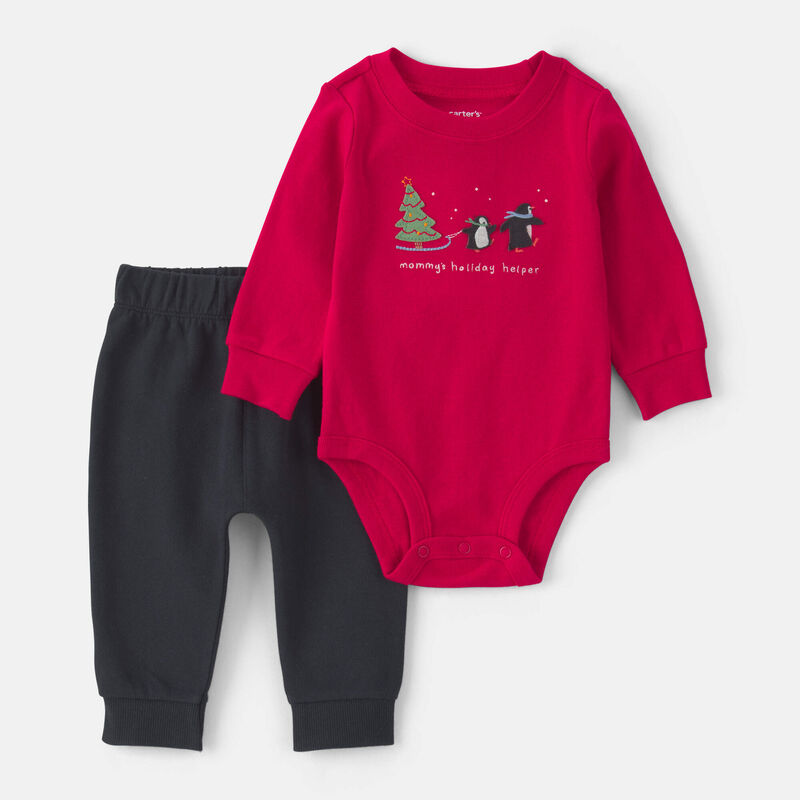Baby Boy 2-Piece 'Mommy's Holiday Helper' Long-Sleeve Bodysuit & Pant Set - Red/Black
