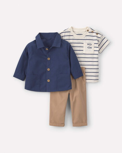 baby boy 3-piece striped canvas long-sleeve layering set - navy blue/white/khaki