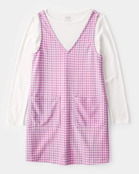 girls 2-piece long-sleeve tee & plaid dress set - white/pink