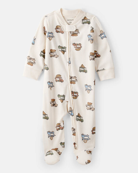 baby boy truck print cotton long-sleeve sleep & play pajamas - ivory