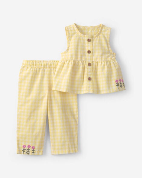 baby girl 2-piece flower gingham poplin top & pant set - yellow