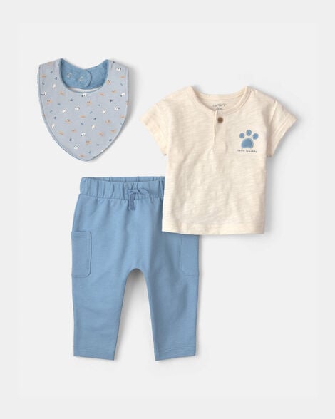 baby boy 3-piece 'little buddy' top & pant set - blue/ivory