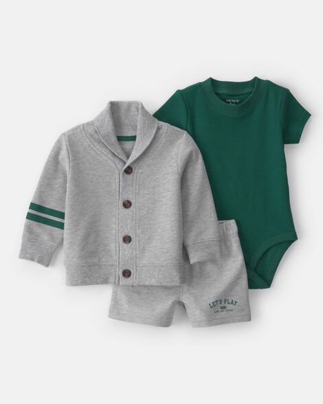 baby boy 3-piece varsity cardigan, bodysuit & short set - green/grey