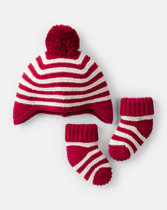 Product image 1 of Baby Striped Crochet Pom Winter Hat & Socks Set - Red/White