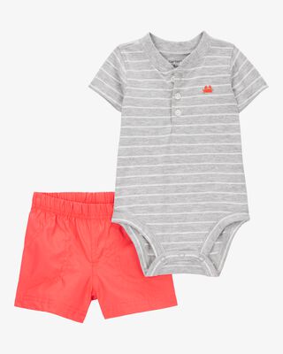 Product image 1 of Baby 2-Piece Striped Bodysuit & Pull-On Short Set - Grey/Orange