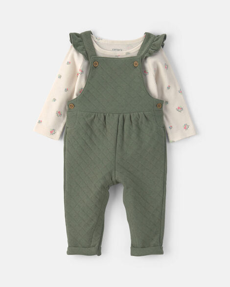 baby girl 2-piece quilted overall set - olive green