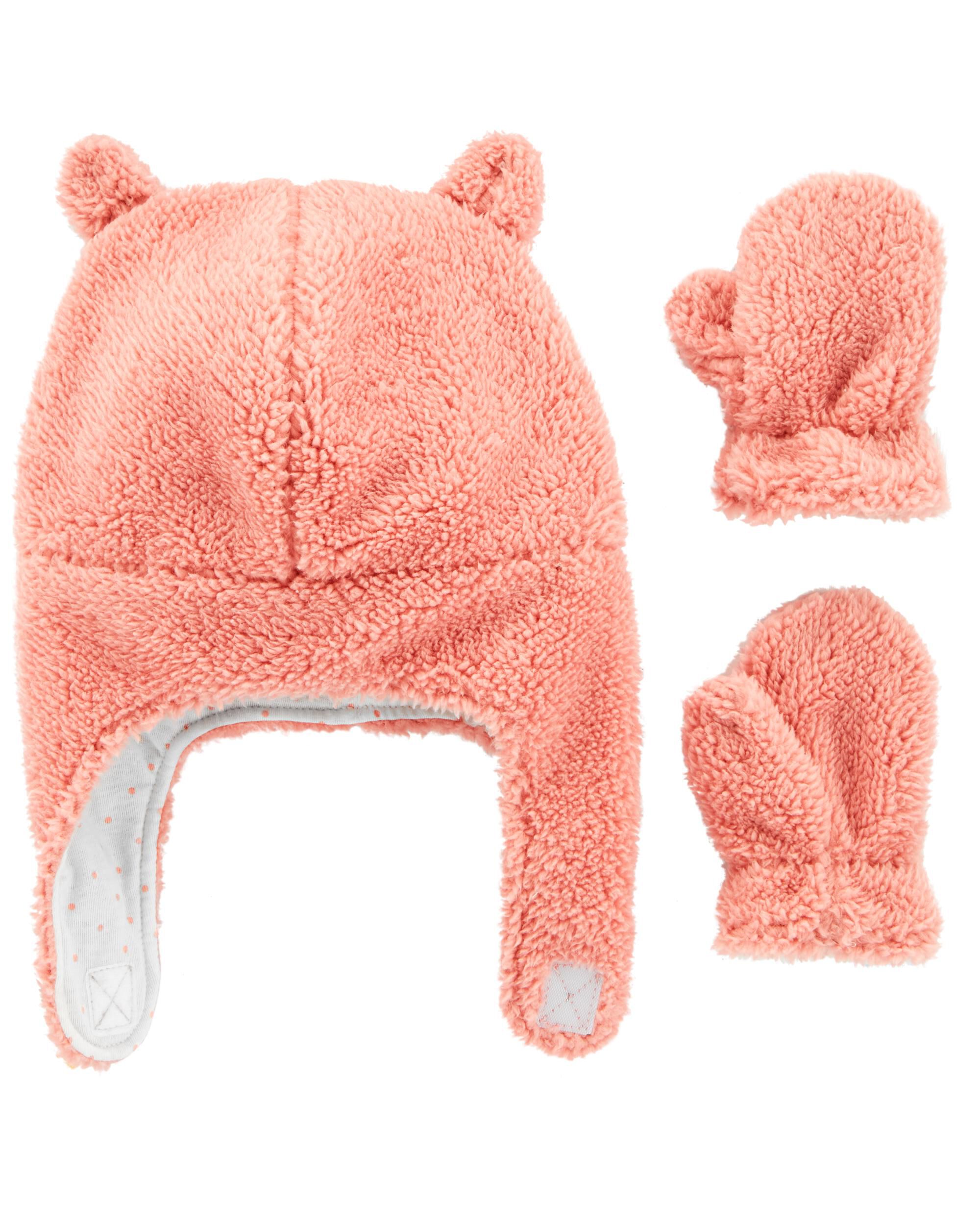 Carters Baby Girl Hat & Mitten Mittens Set Pink Fluffy 