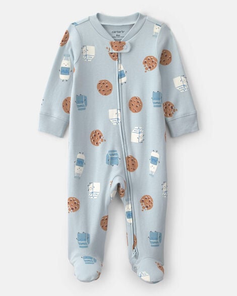 baby boy milk & cookies 100% cotton 2-way zip sleep & play pajamas - blue
