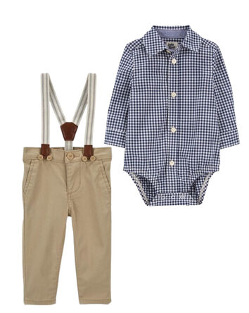 Baby 2-Piece Plaid Button-Front Bodysuit & Suspenders Pants Set