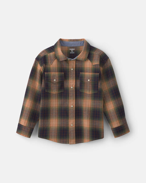 Boys Plaid Long-Sleeve Button-Down Shirt - Brown