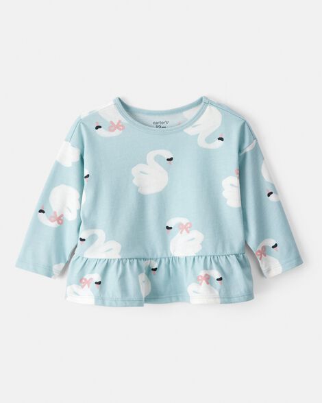 baby girl swan print long-sleeve peplum top - blue