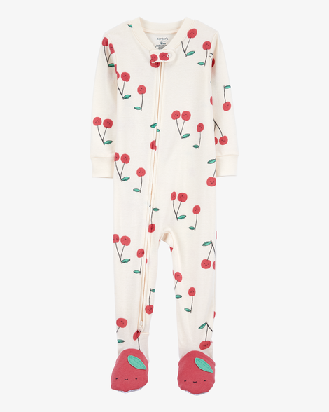 baby girl cherry print snug fit cotton footie 1-piece pajamas - white