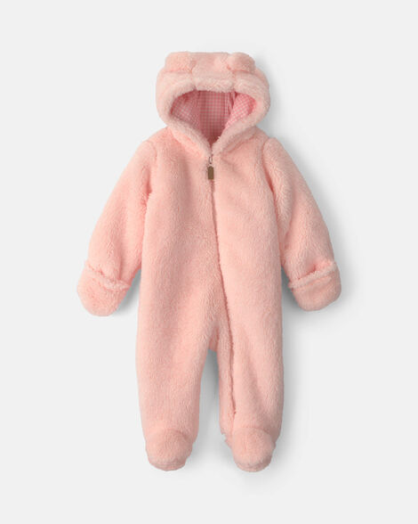 baby girl bear teddy fleece long-sleeve jumpsuit - pink