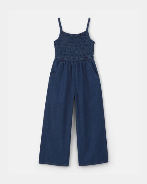 Girls Smocked Denim Wide-Leg Jumpsuit - Dark Wash
