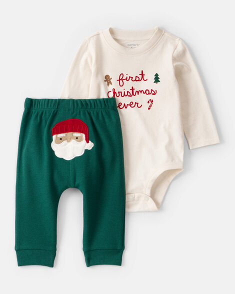baby 2-piece my first christmas long-sleeve bodysuit & pant set - cream/green