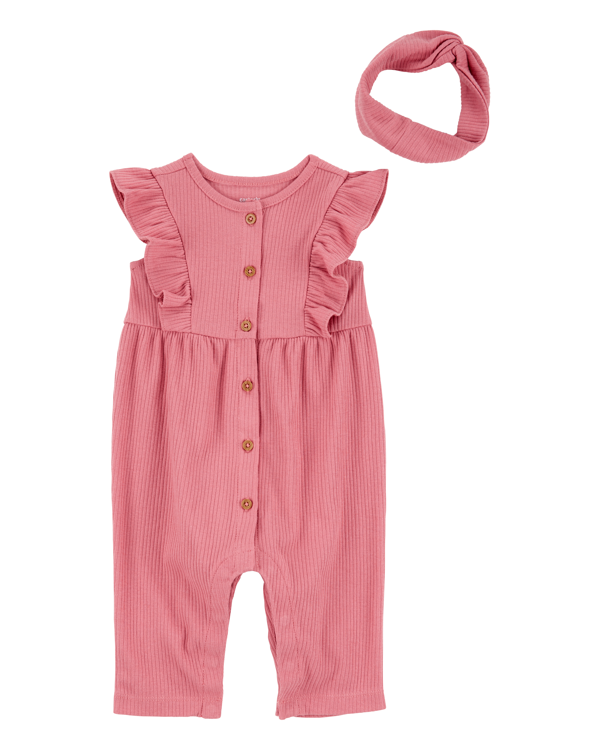 Baby Girl 2-Piece Solid Flutter-Sleeve Relaxed Fit Jumpsuit & Headwrap Outfit Set - Pink