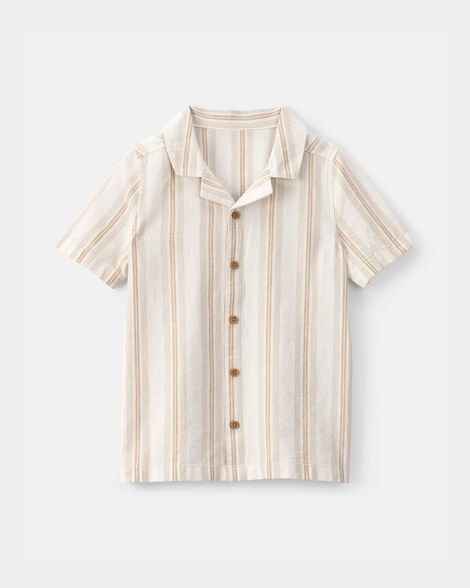 Boys Linen Striped Short-Sleeve Button-Down Shirt - Tan/Ivory