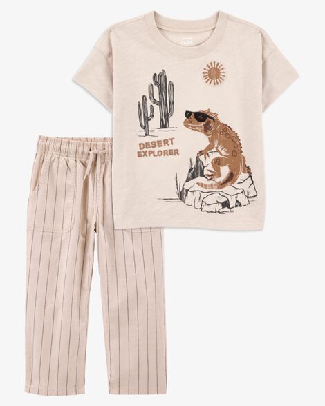 Product image 1 of Toddler 2-Piece Desert Lizard Graphic Tee & Striped Pants Set - Ivory/Tan
