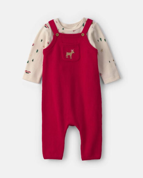 baby boy 2-piece reindeer long-sleeve sweater overall set - red/cream
