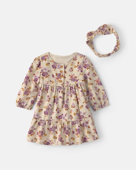 Baby Girl 2-Piece Floral Twill Long-Sleeve Dress - Cream