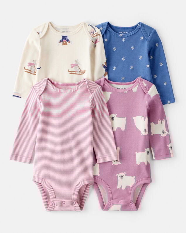 Product image 1 of Baby Girl 4-Pack Polar Bear Print Cotton Long-Sleeve Multipack Bodysuits - White/Purple/Blue