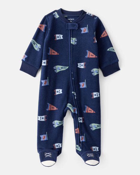 baby boy sports print loose fit long-sleeve sleep & play pajamas - navy blue