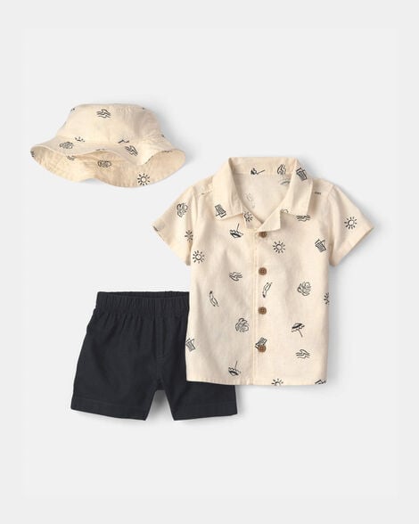baby boy 3-piece hat, top & short set - black/ivory