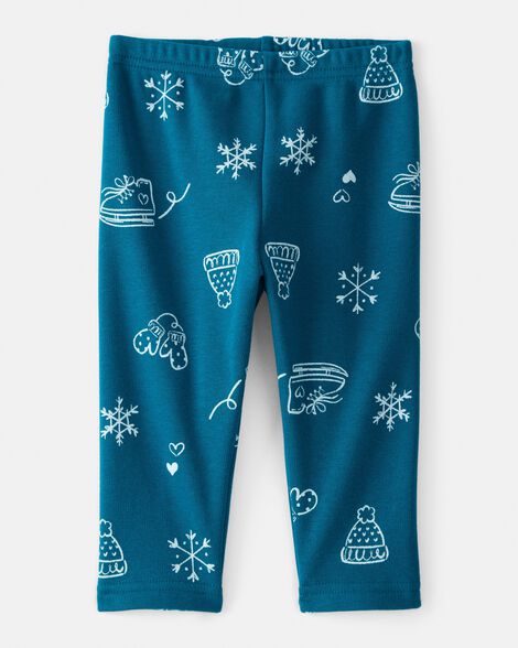 baby girl winter print pull-on stretch cozy leggings - blue