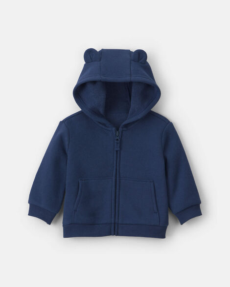 baby boy bear fleece zip-up hoodie - navy blue