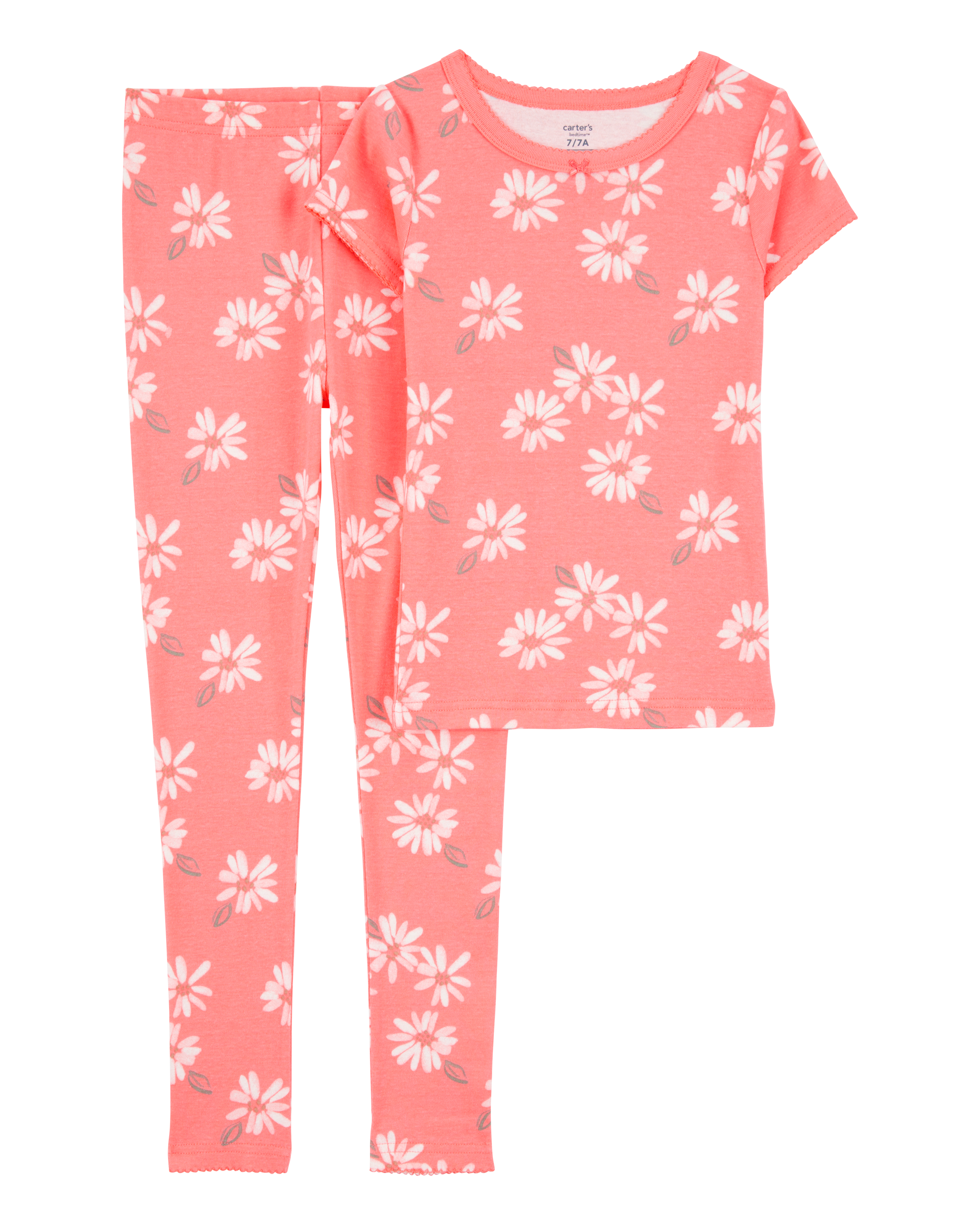 Girls 2-Piece Floral Print 100% Snug Fit Cotton Pajamas - Coral