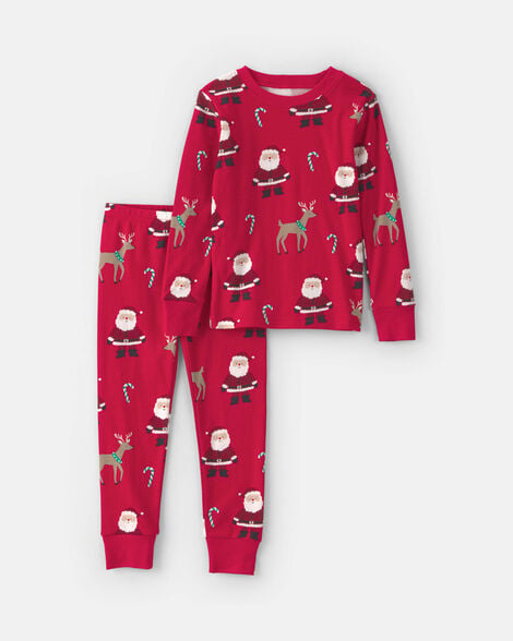 toddler 2-piece beige santa christmas 100% cotton snug fit pajama set - red