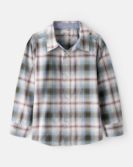 Boys Plaid Cotton Long-Sleeve Button-Down Shirt - Blue