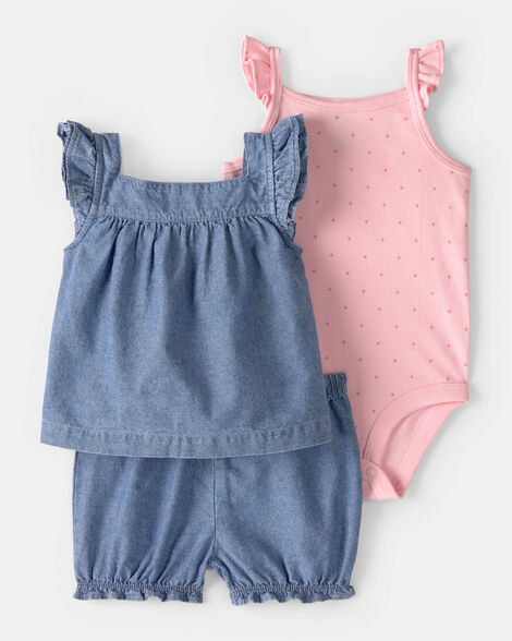 baby girl 3-piece chambray outfit set - blue/pink