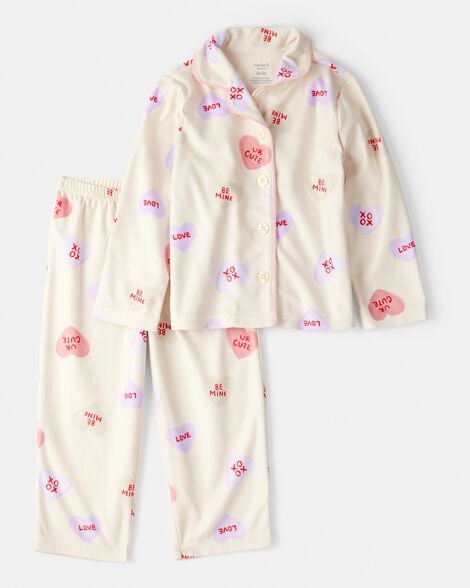 toddler girl candy hearts fleece loose fit 2-piece pajamas - ivory