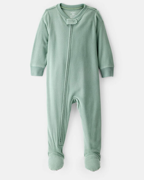 baby boy waffle knit long-sleeve 2-way zip 1-piece pajamas - green