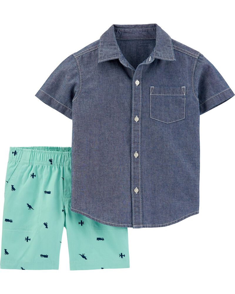 2-Piece Chambray Button-Front Shirt & Canvas Short Set