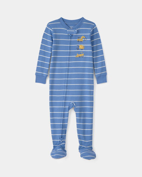 toddler boy construction striped 100% cotton snug fit 1-piece pajama - blue