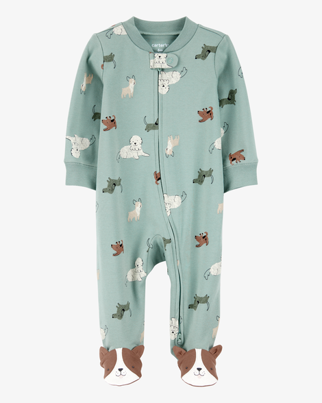 baby boy dog print 2-way zip cotton sleep & play pajamas - green