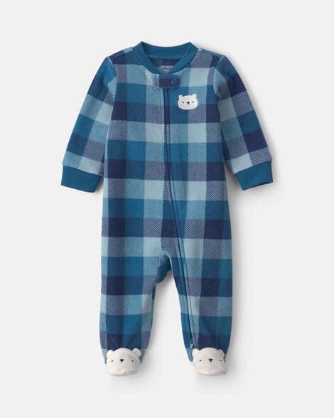 baby boy bear plaid fleece 2-way zip sleep & play pajamas - blue