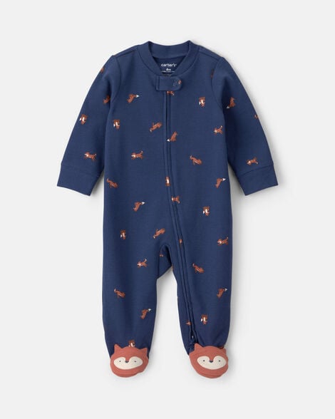 baby boy fox 100% cotton  2-way zip sleep & play pajamas - navy blue
